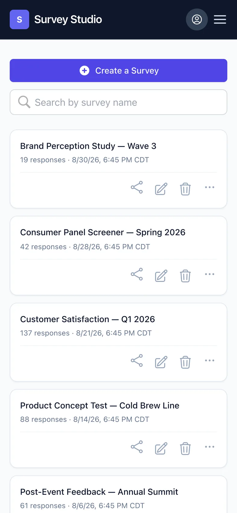 SURVEY STUDIO homepage on mobile